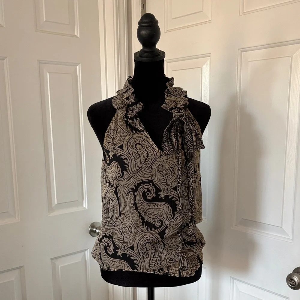 Elena Solano Paisley Silk Chiffon Sleeveless Blouse With Smocked Waist